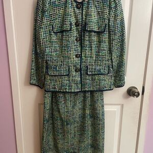 Adrianna Papell Green and Blue Checkered Blazer and Skirt Set